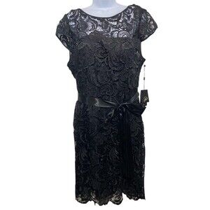 Adrianna Papell Dress Womens 16 Black Cap Sleeve Lace Cocktail Belted Satin Sash